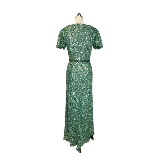 Mac Duggal Green Sequin Wrap Over Butterfly Sleeve Gown | 8 - Picture 7 of 11